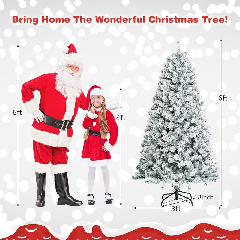 Costway 6 FT Snow Flocked Christmas Tree, Artificial Holiday Hinged Pine Tree with 600 Branch Tips, Solid Metal Stand, Premium Xmas Full Fake Tree for Home, Office, Party Decoration - Image 3